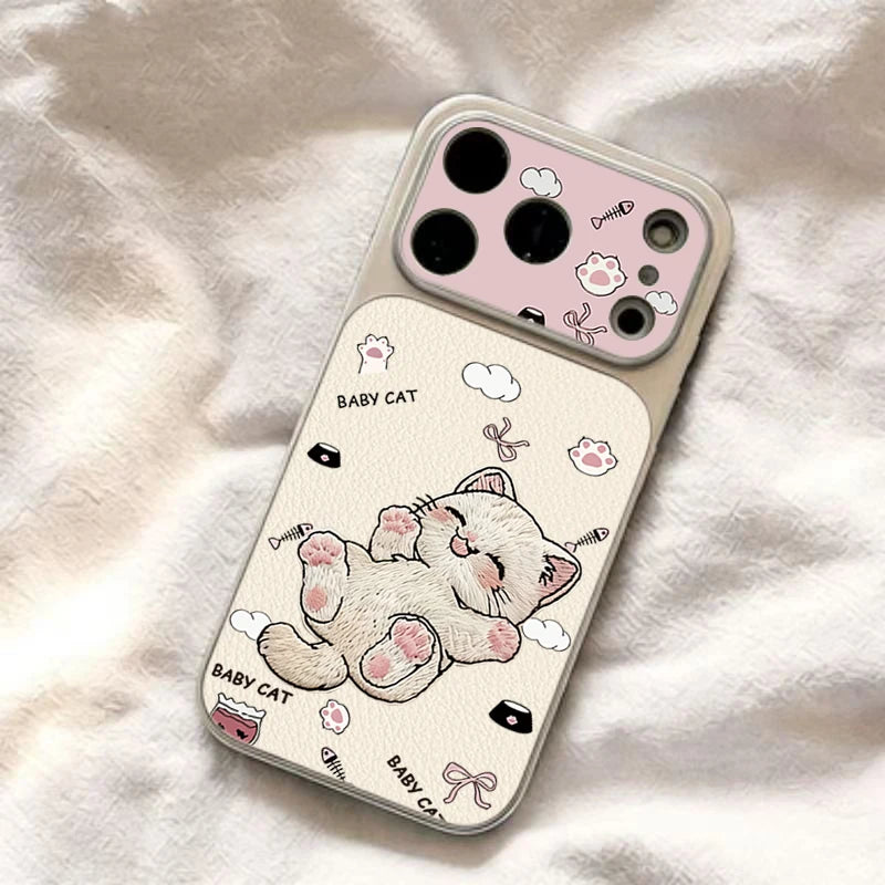 Case For iPhone 17 Cases iPhone 18 Pro Max Case Cute Embroidered Cat Phone Case For iPhone 16 15 14 Plus 13 12 11 16E 17E Cover
