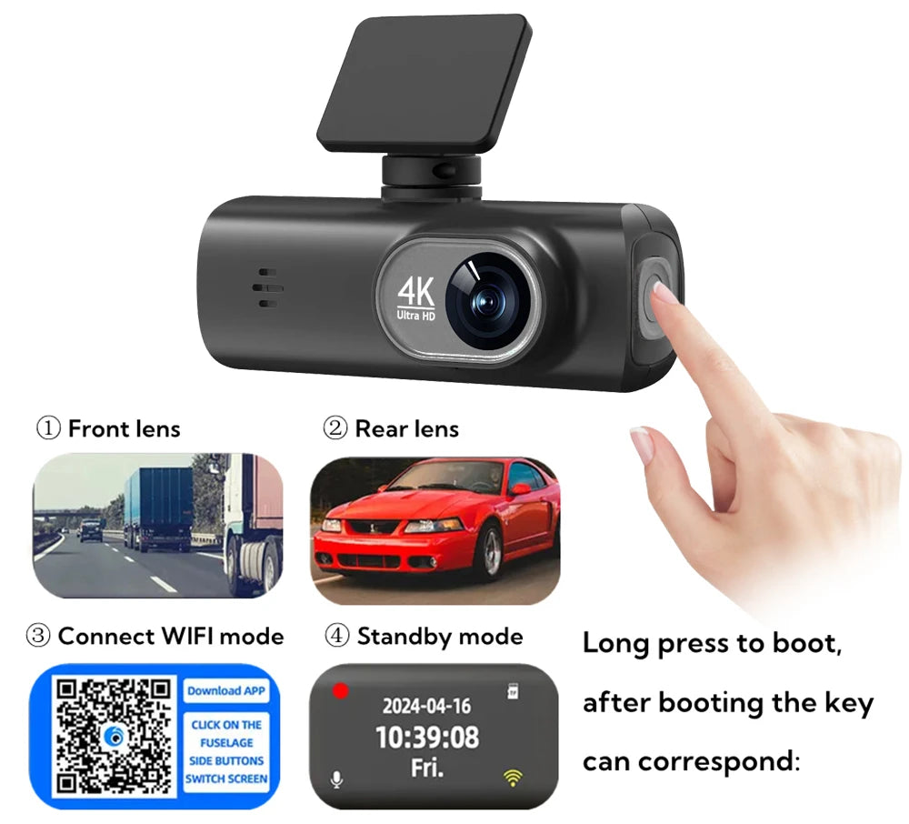 4K WiFi Dual-Lens Dash Cam – Front and Rear Driving Recorder