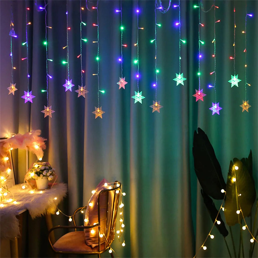 Christmas Light Led Snowflake Curtain Icicle Fairy String Lights Outdoor Garland Home Party Garden 2025 New Year Decoration