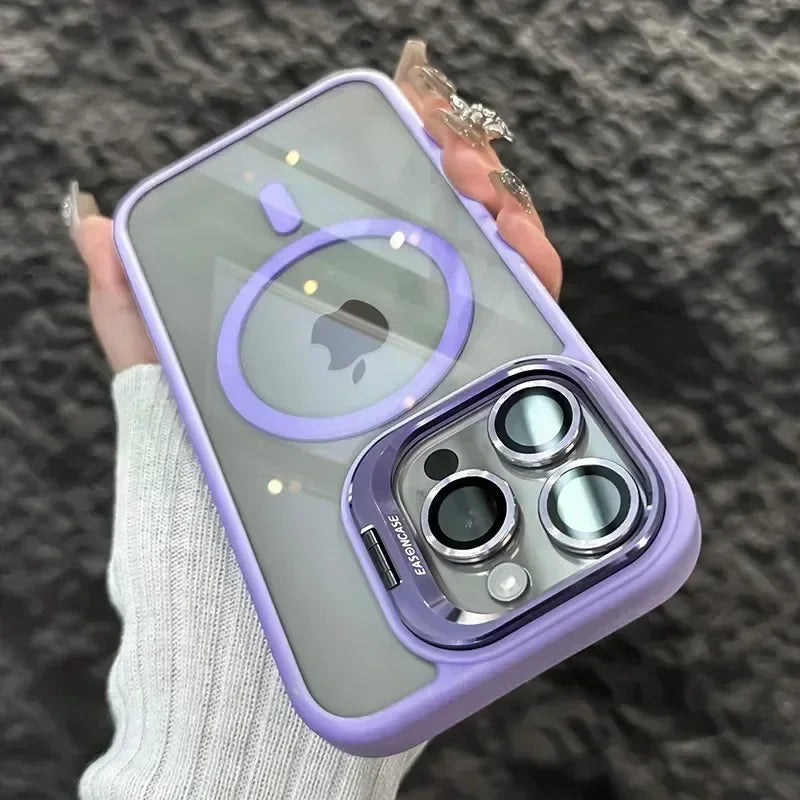 Luxury Magnetic Shockproof Phone Case For iPhone 15 14 13 12 16 17 Pro Max Plus Air 11 Funda Stand Glass Lens Protection Cover