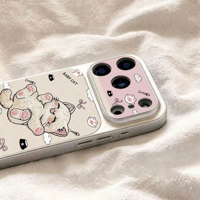 Case For iPhone 17 Cases iPhone 18 Pro Max Case Cute Embroidered Cat Phone Case For iPhone 16 15 14 Plus 13 12 11 16E 17E Cover