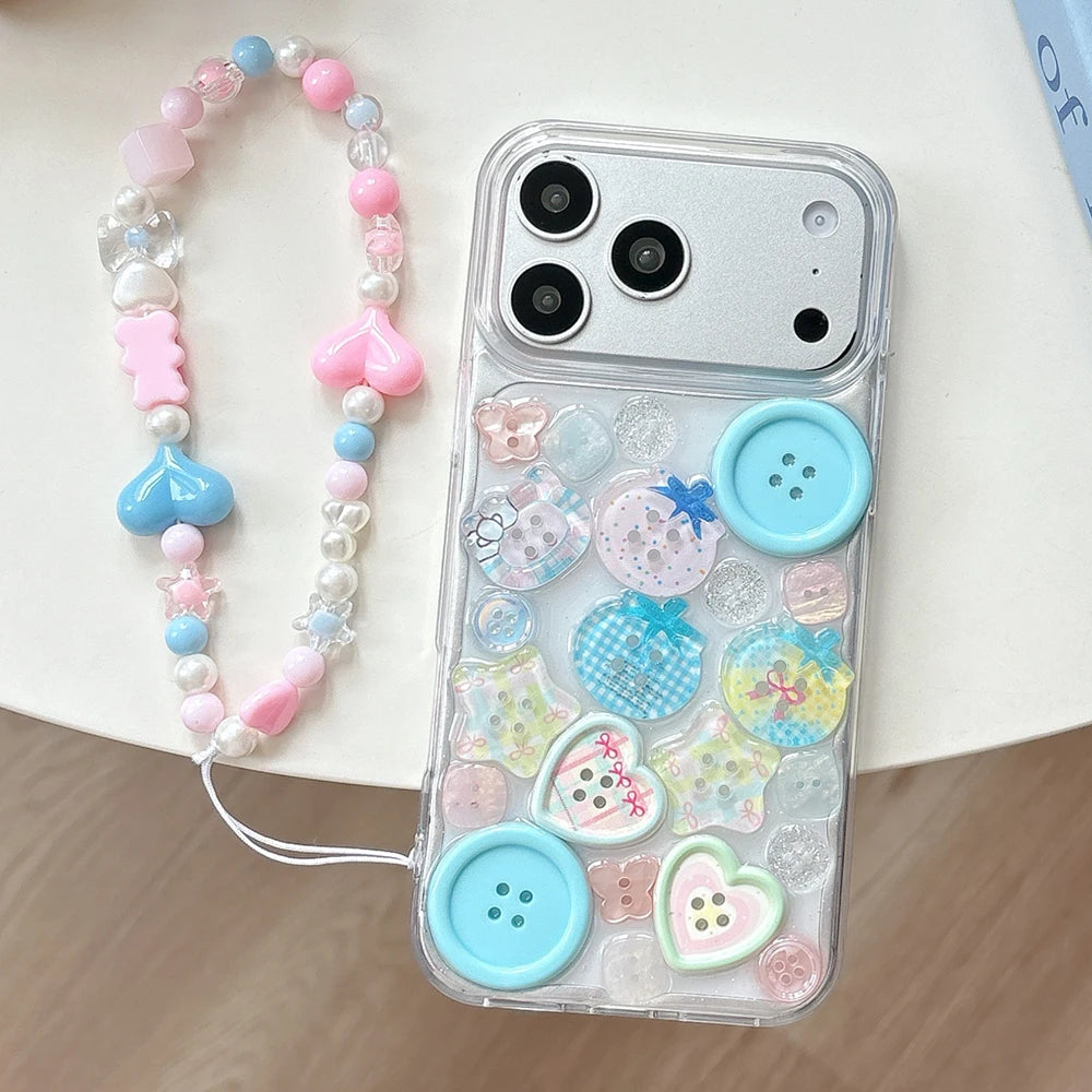 Cute Adorable Transparent Decorated with Patterned Buttons Fun Look Phone Case for iPhone 16 15 14 13 17 Pro Max Back Cover Capa
