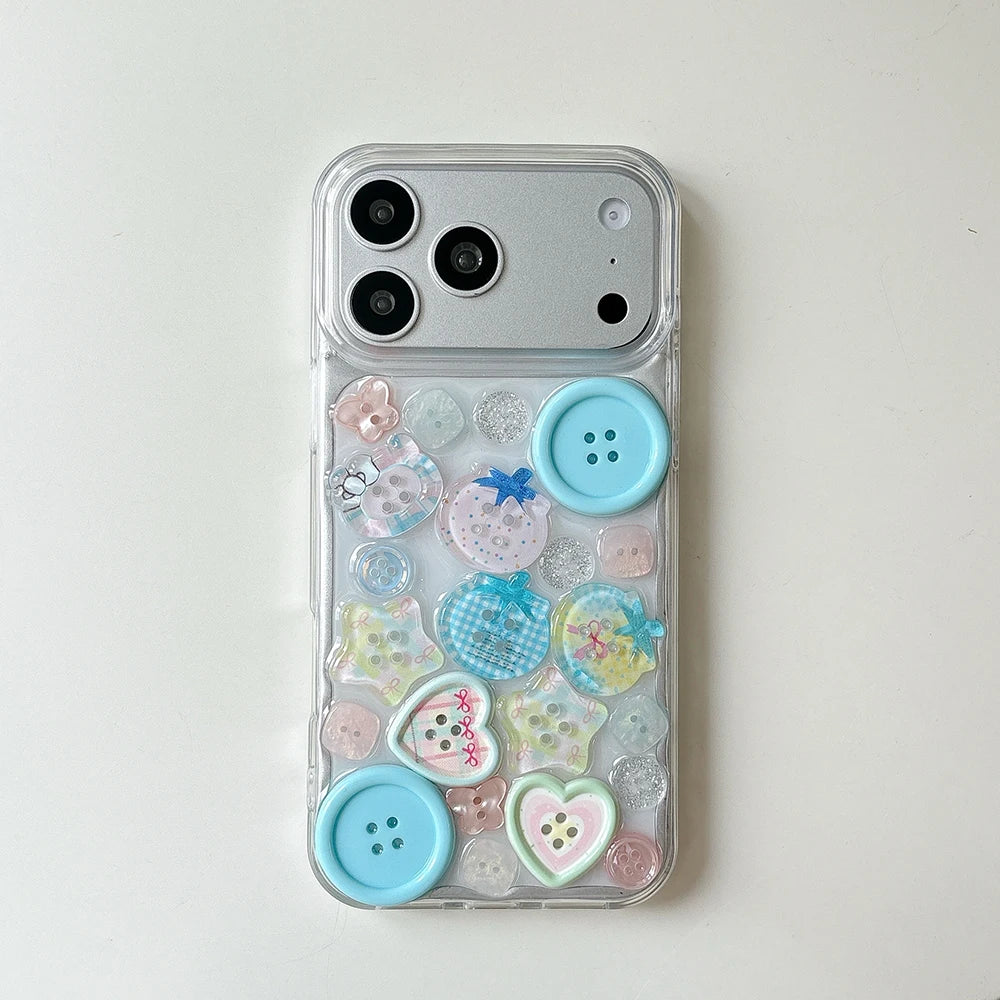 Cute Adorable Transparent Decorated with Patterned Buttons Fun Look Phone Case for iPhone 16 15 14 13 17 Pro Max Back Cover Capa