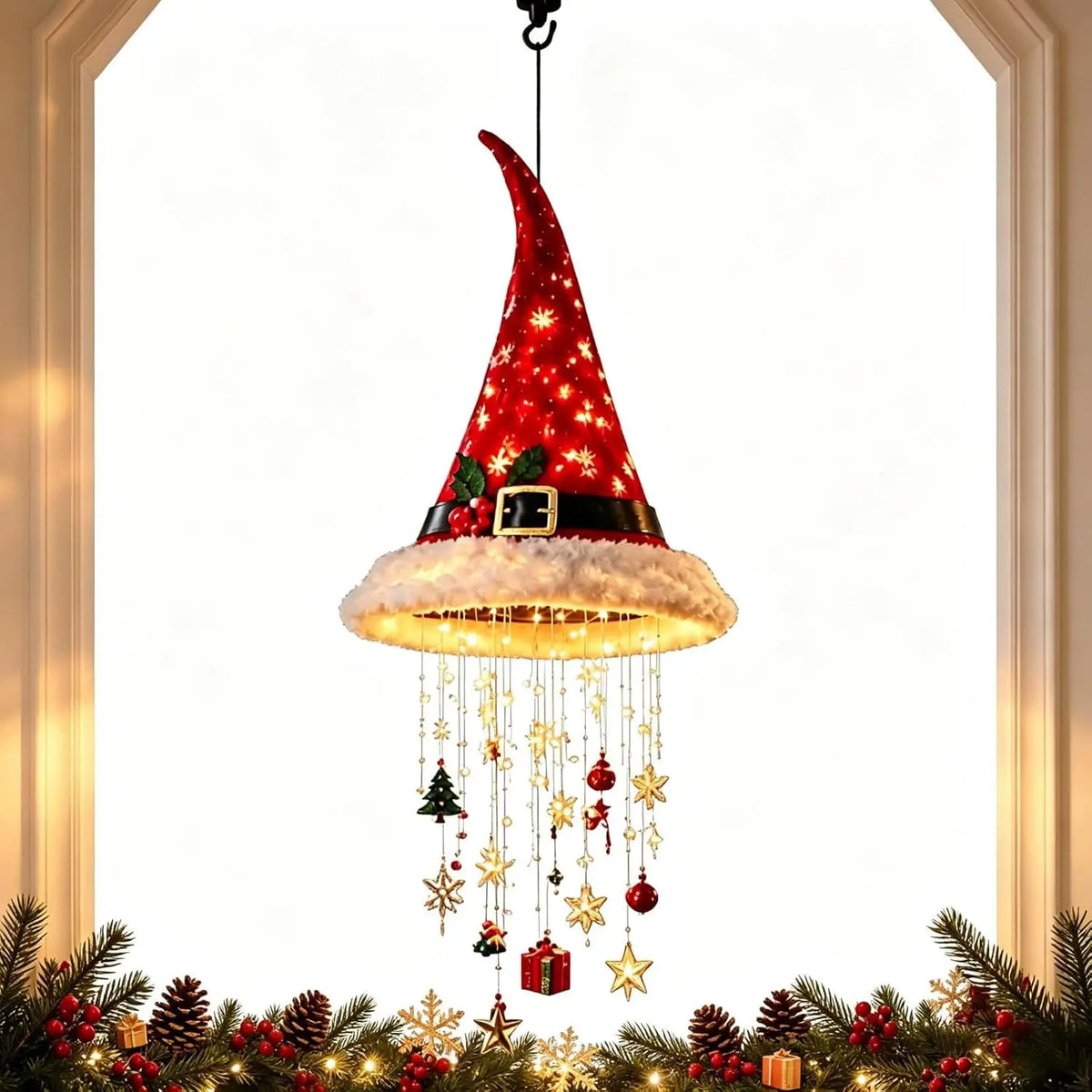 Christmas Santa Hat LED Hanging Light Warm Glowing Chandelier String Lights Xmas Ornament Home Stairway Holiday Party Decor New