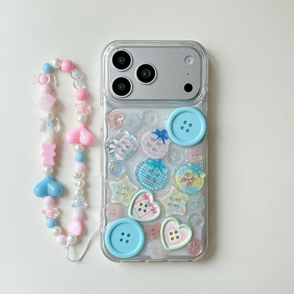Cute Adorable Transparent Decorated with Patterned Buttons Fun Look Phone Case for iPhone 16 15 14 13 17 Pro Max Back Cover Capa