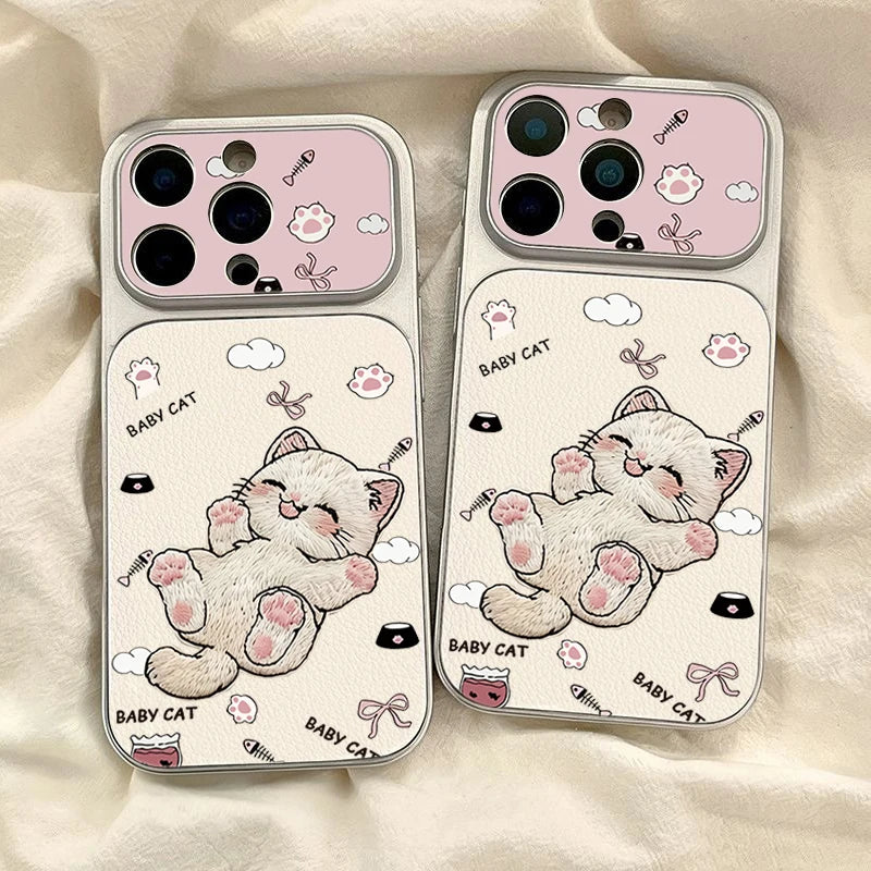 Case For iPhone 17 Cases iPhone 18 Pro Max Case Cute Embroidered Cat Phone Case For iPhone 16 15 14 Plus 13 12 11 16E 17E Cover