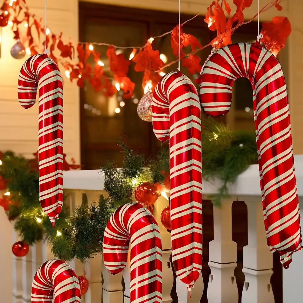 5pcs Red Christmas Candy Cane Foil Decor Balloons,Xmas Santa Canes Stick Candy Balloon For New Year Festival Holiday Party Decor