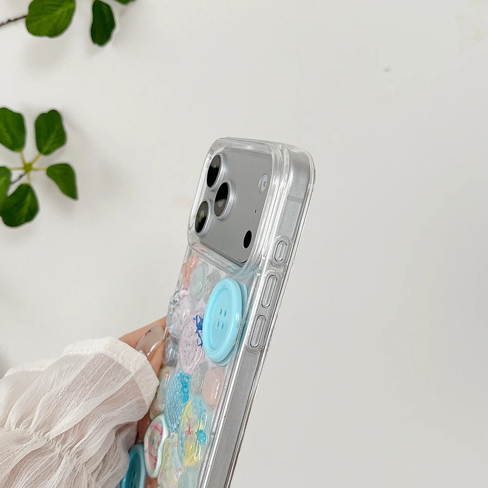 Cute Adorable Transparent Decorated with Patterned Buttons Fun Look Phone Case for iPhone 16 15 14 13 17 Pro Max Back Cover Capa