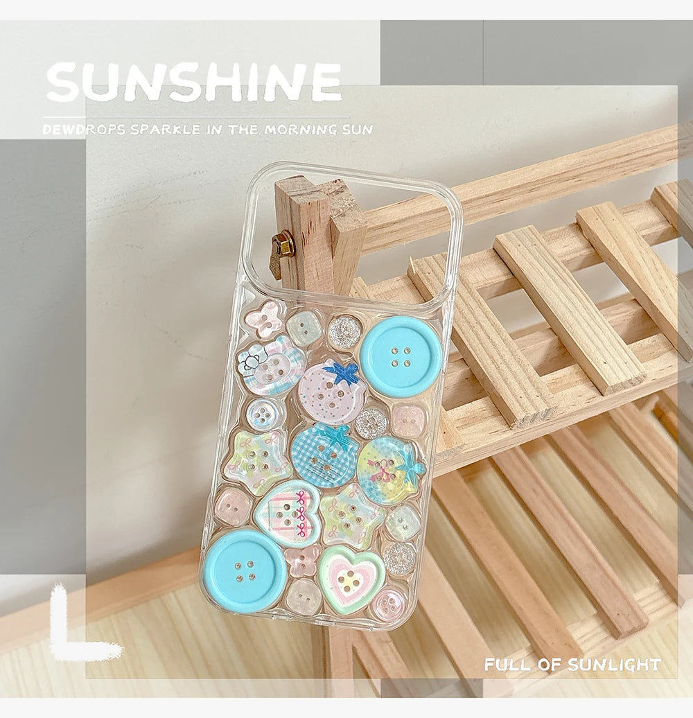 Cute Adorable Transparent Decorated with Patterned Buttons Fun Look Phone Case for iPhone 16 15 14 13 17 Pro Max Back Cover Capa