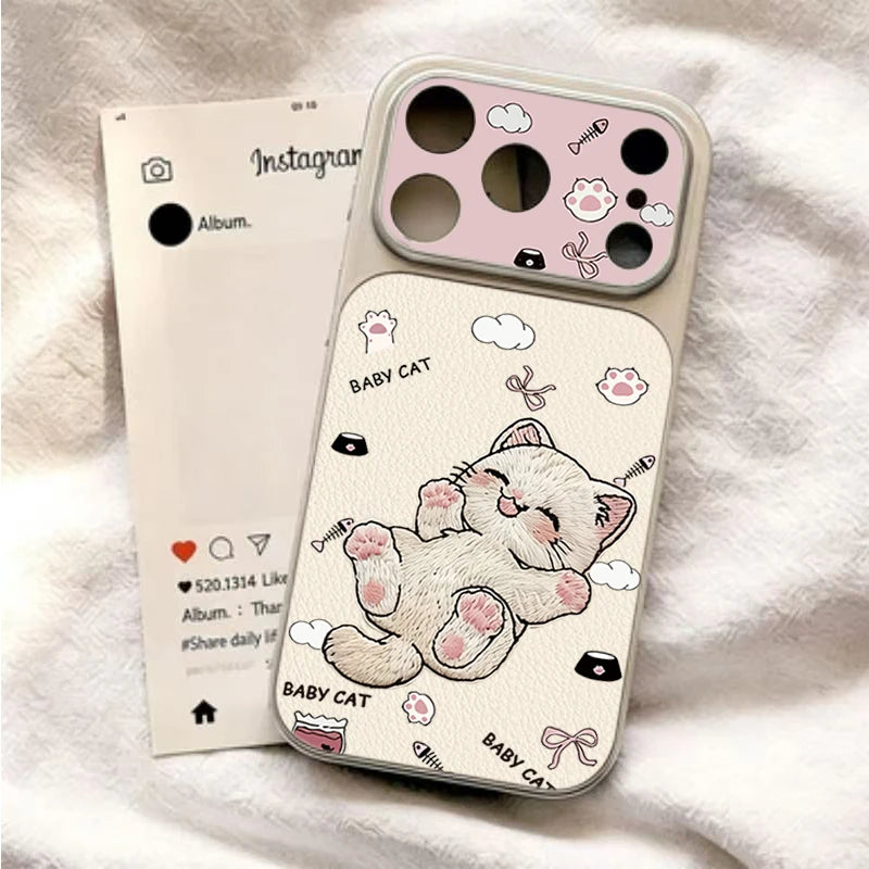 Case For iPhone 17 Cases iPhone 18 Pro Max Case Cute Embroidered Cat Phone Case For iPhone 16 15 14 Plus 13 12 11 16E 17E Cover