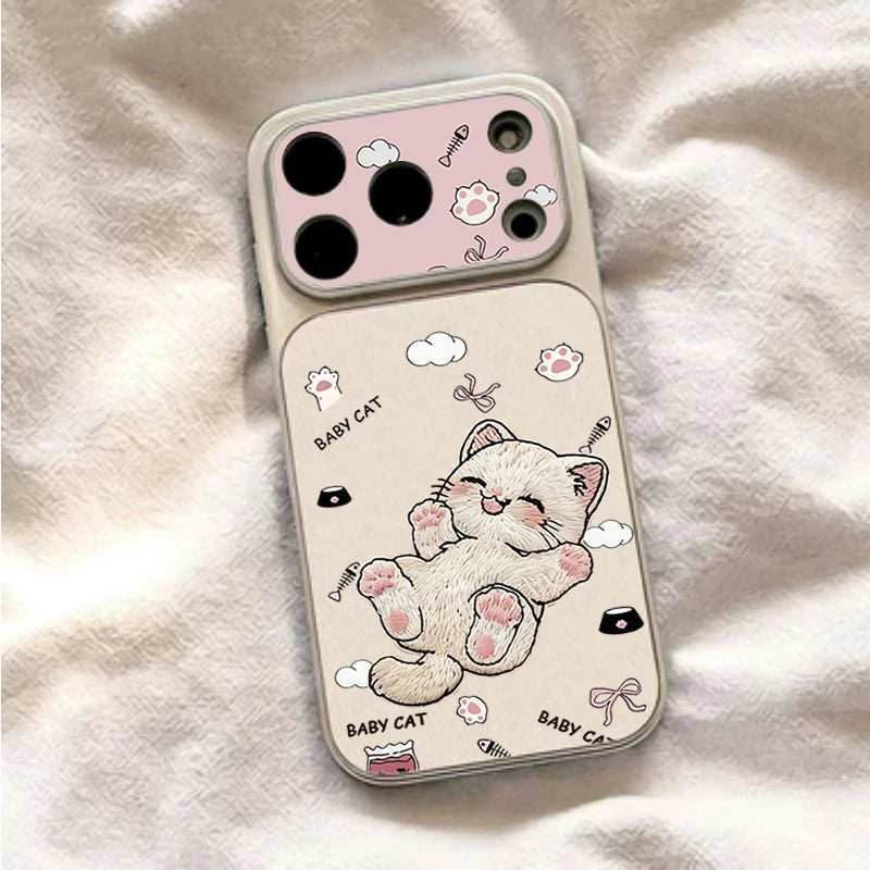 Case For iPhone 17 Cases iPhone 18 Pro Max Case Cute Embroidered Cat Phone Case For iPhone 16 15 14 Plus 13 12 11 16E 17E Cover