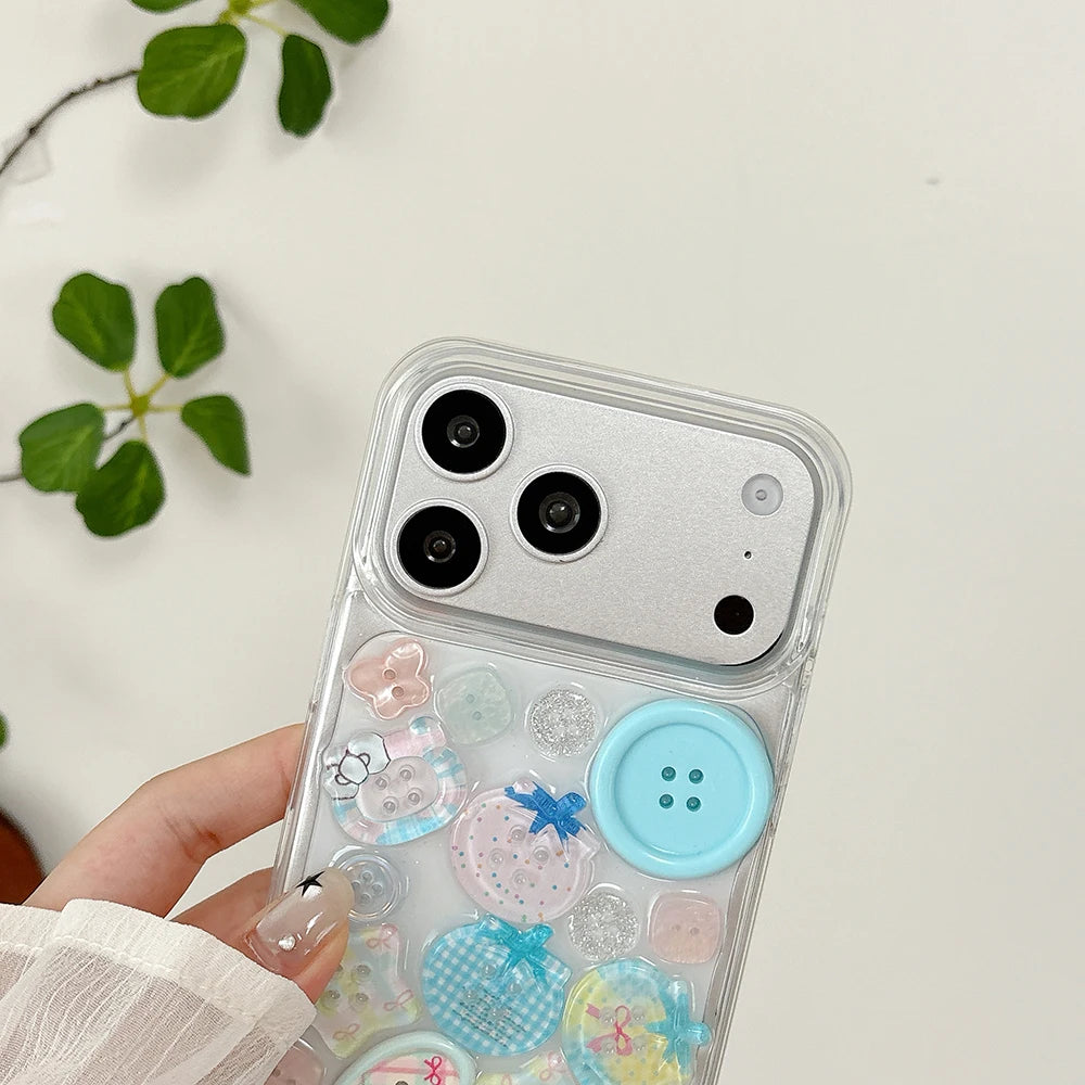 Cute Adorable Transparent Decorated with Patterned Buttons Fun Look Phone Case for iPhone 16 15 14 13 17 Pro Max Back Cover Capa