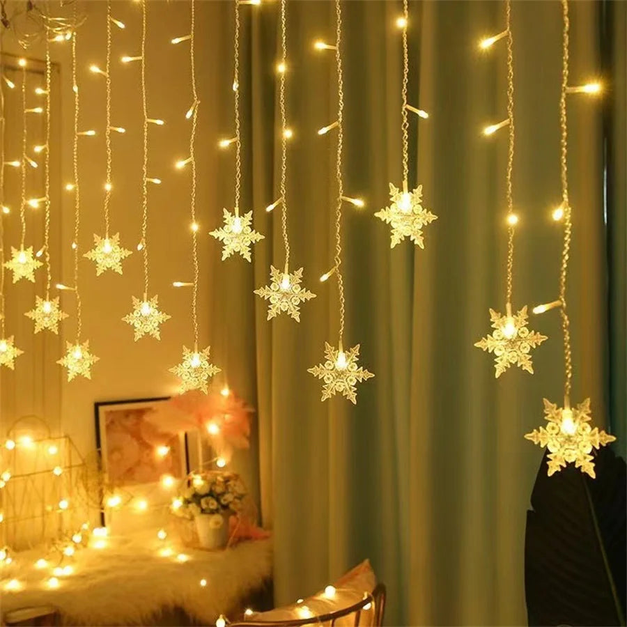 Christmas Light Led Snowflake Curtain Icicle Fairy String Lights Outdoor Garland Home Party Garden 2025 New Year Decoration
