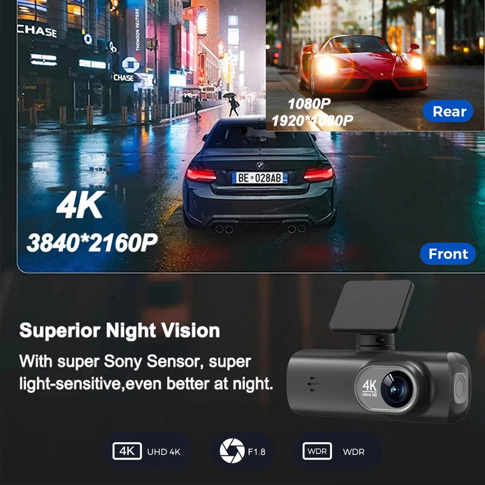 4K WiFi Dual-Lens Dash Cam – Front and Rear Driving Recorder