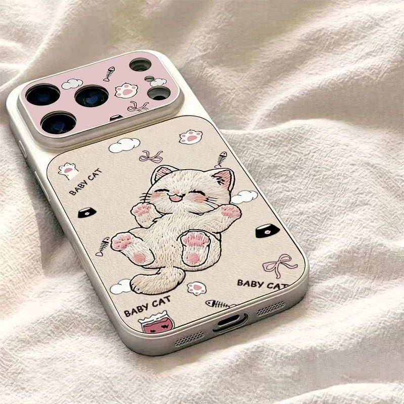 Case For iPhone 17 Cases iPhone 18 Pro Max Case Cute Embroidered Cat Phone Case For iPhone 16 15 14 Plus 13 12 11 16E 17E Cover