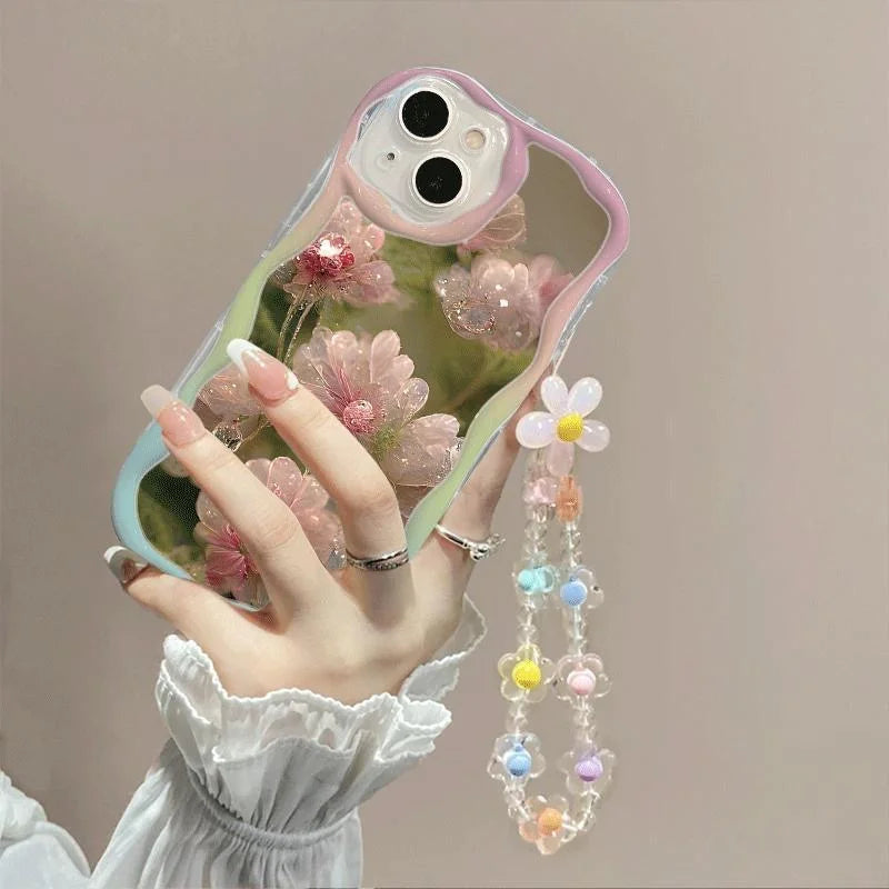 Phone Case For iPhone 17 16 15 Pro Max 14 11 13 12 Mini Plus 16E 17 Air IPhone17 Back Cover Flower Bracelet Wrist Chain Strap