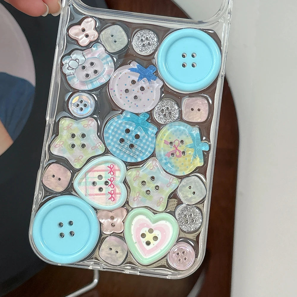 Cute Adorable Transparent Decorated with Patterned Buttons Fun Look Phone Case for iPhone 16 15 14 13 17 Pro Max Back Cover Capa