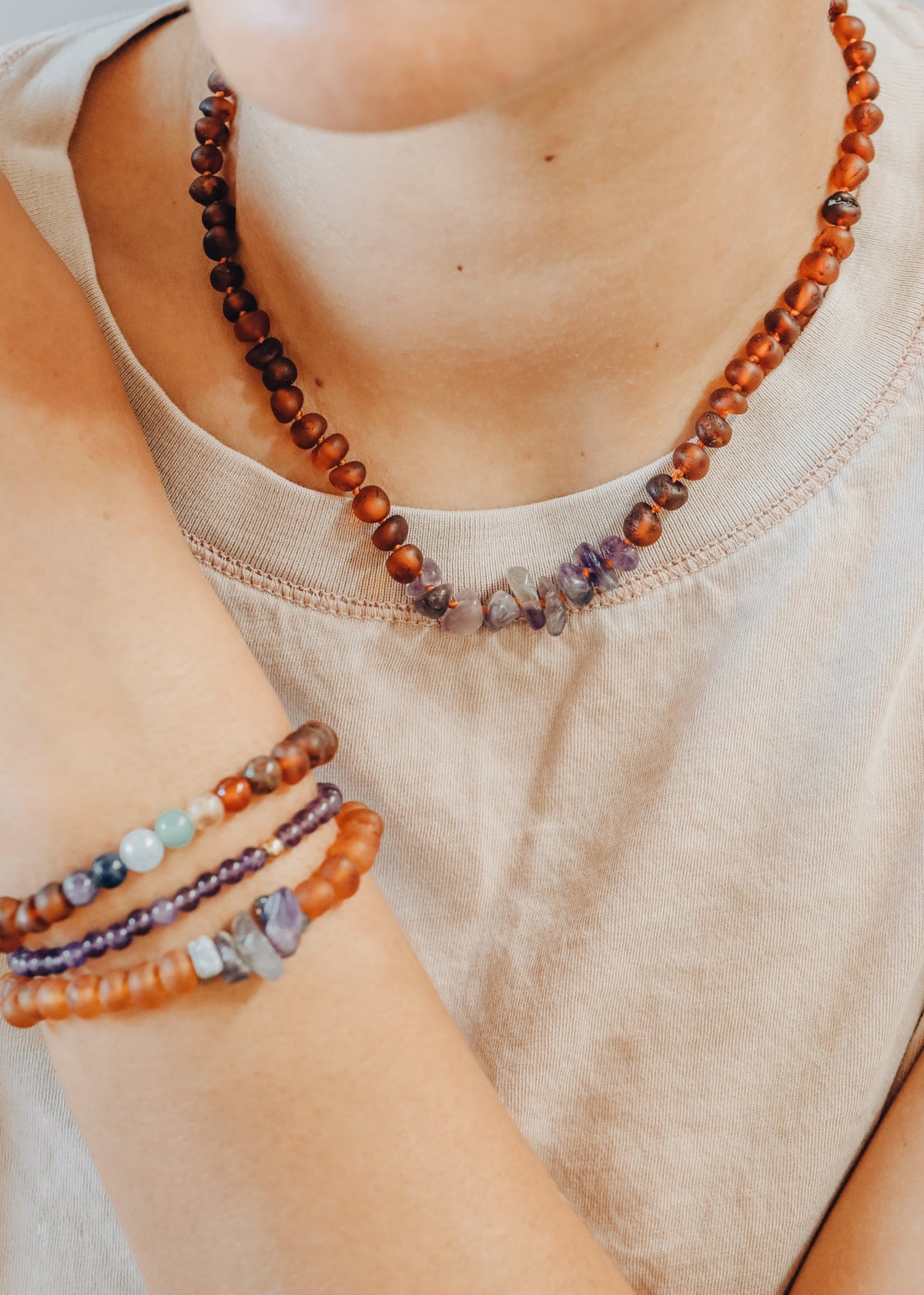 Raw Cognac Baltic Amber + Raw Amethyst || Adult Bracelet